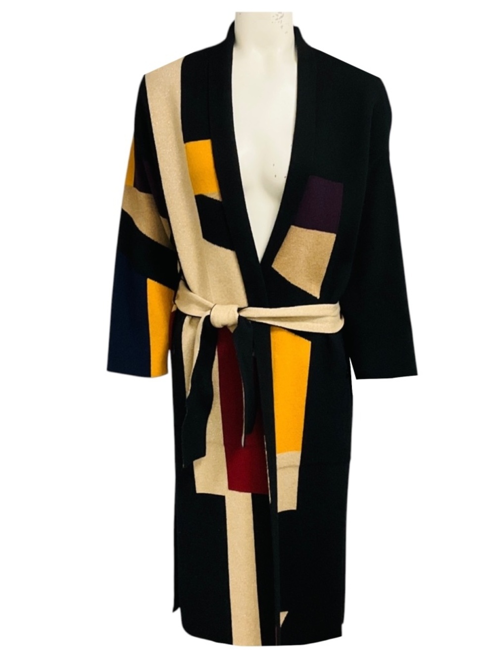 AKRIS BLACK / BEIGE MULTI REVERSIBLE SHIMMER KNIT CASHMERE COAT WITH BELT